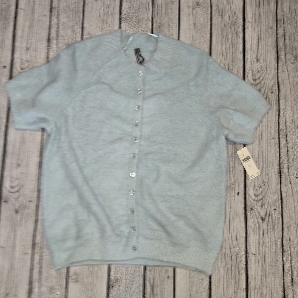 NWT By Anthropologie Short-Sleeve Eyelash Cardigan Sweater Sky Blue Womens L
